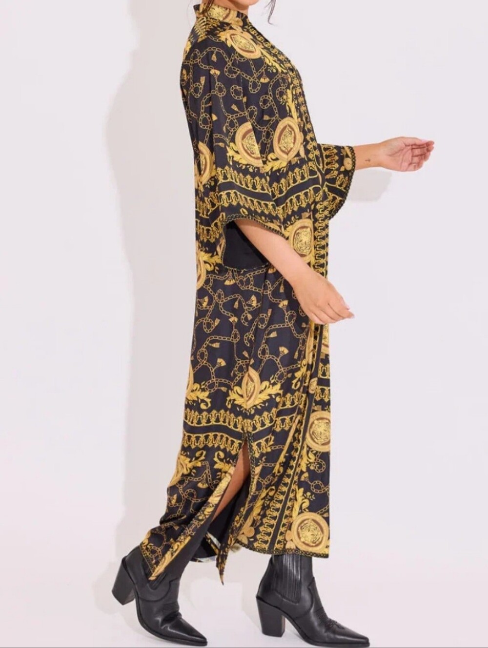 New Alden Adair Jerry Chain-Print Black & Gold Maxi Dress with Side Slit